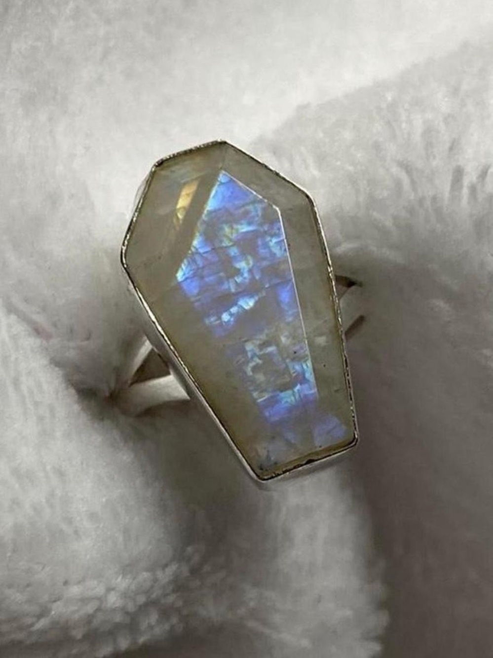 925 Silver Rainbow Moonstone Coffin Shaped Statement Ring - Iridescent Blue